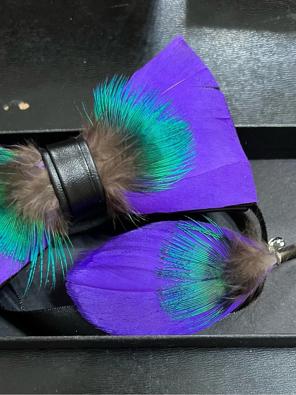Purple & Teal Feather Bow Tie Accessory with Fur Accent